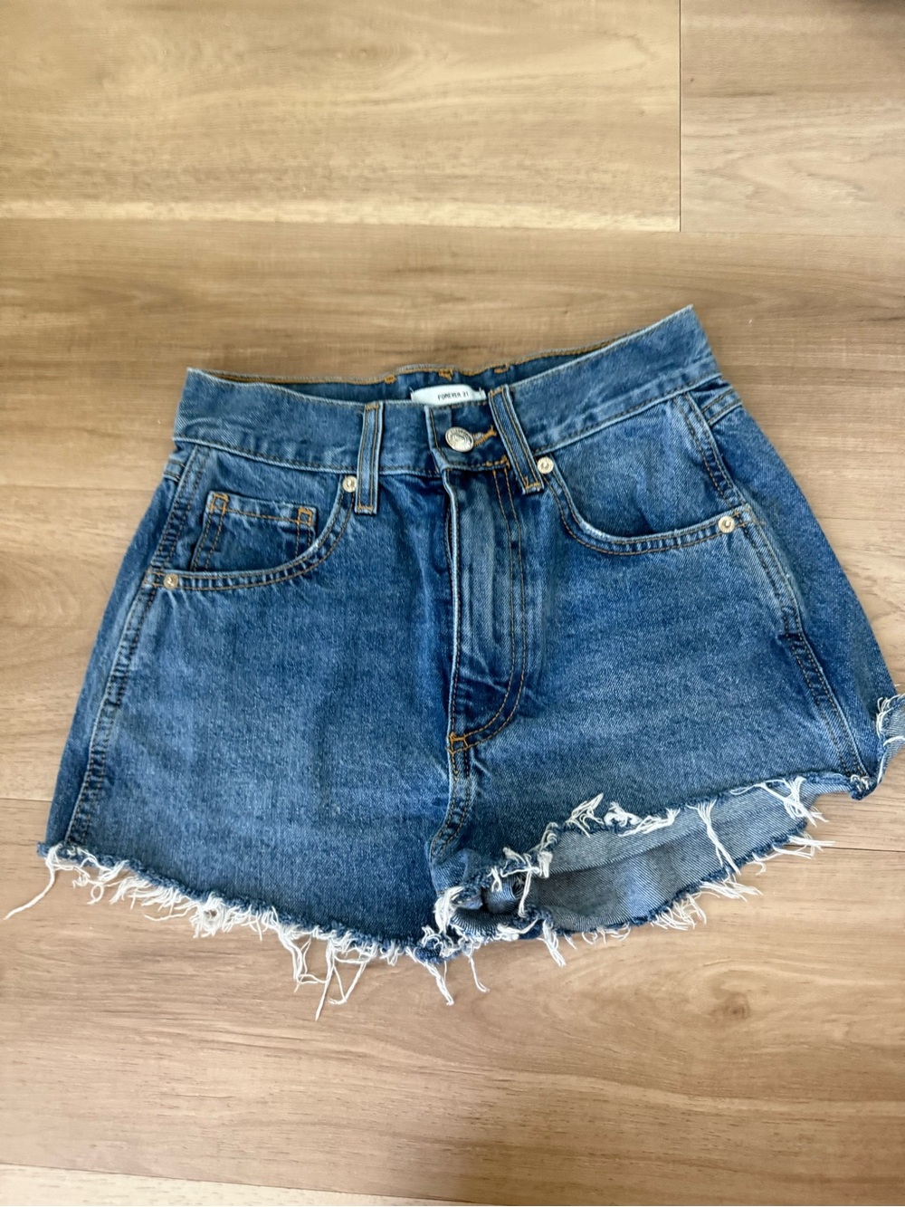 Forever 21 Distressed High-Rise Denim Shorts - Blue